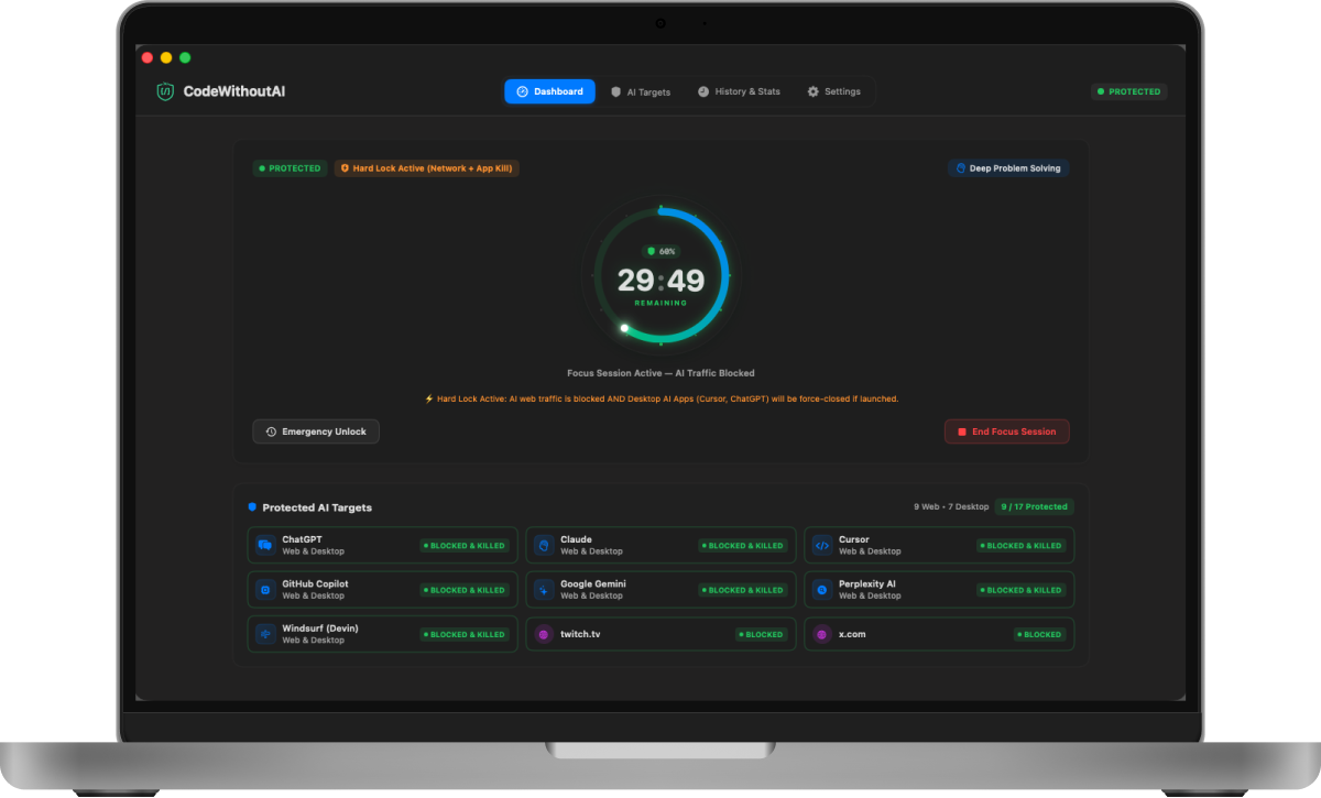 CodeWithoutAI macOS App Interface Showcase